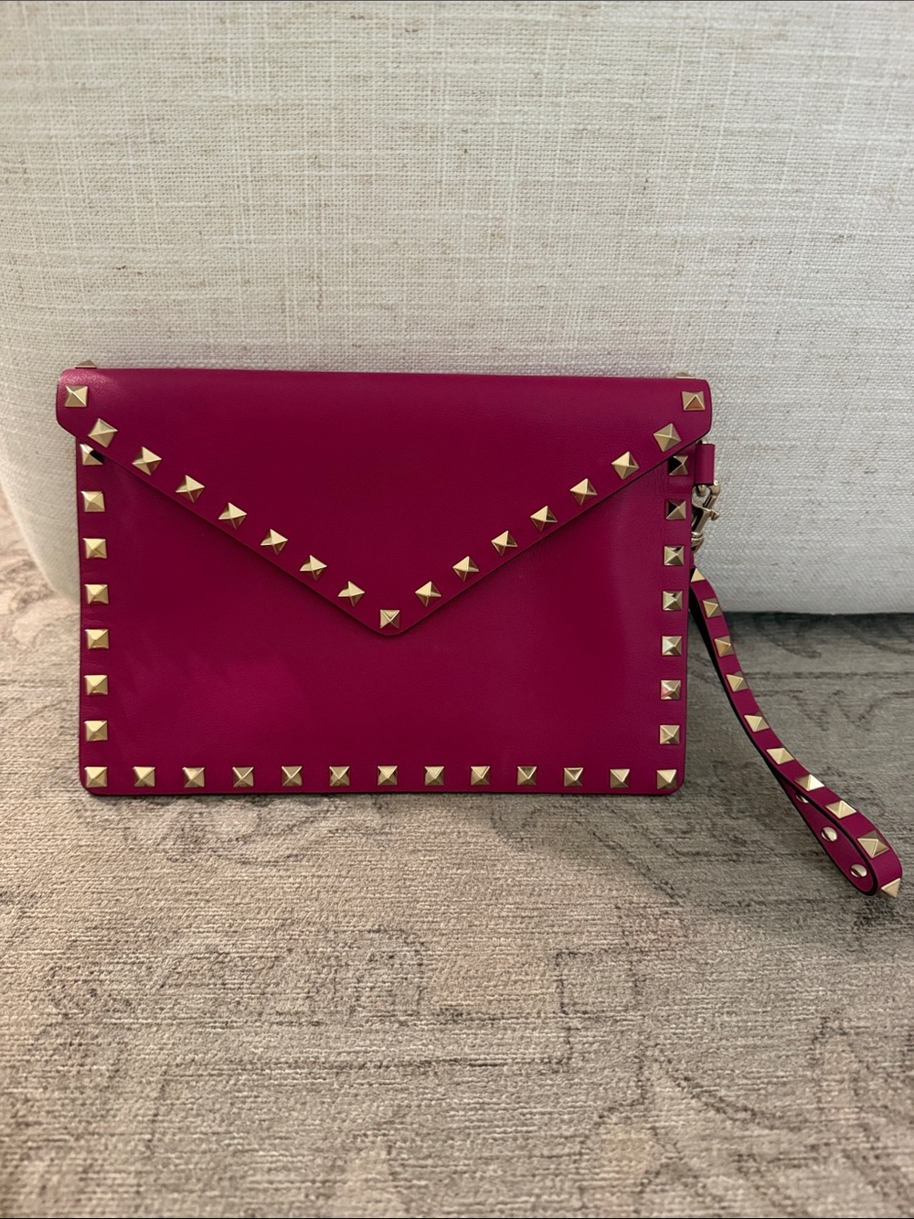Valentino Hot Pink Leather Rockstud Envelope Wristlet with Gold-Tone Studs